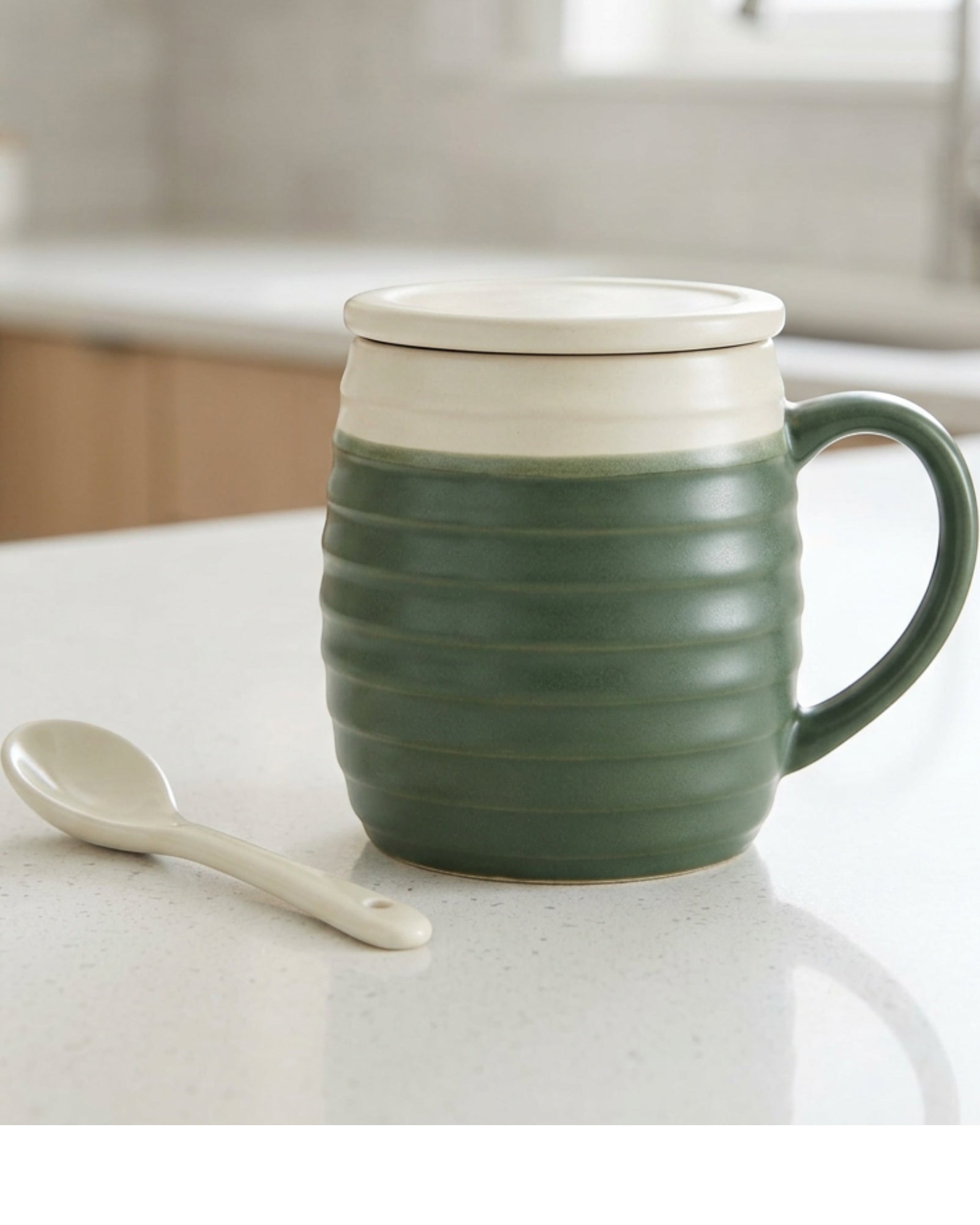 Wfkng Horizontal Rib Lidded Ceramic Coffee Mug 13 oz Forest Cream - Lifestyle view