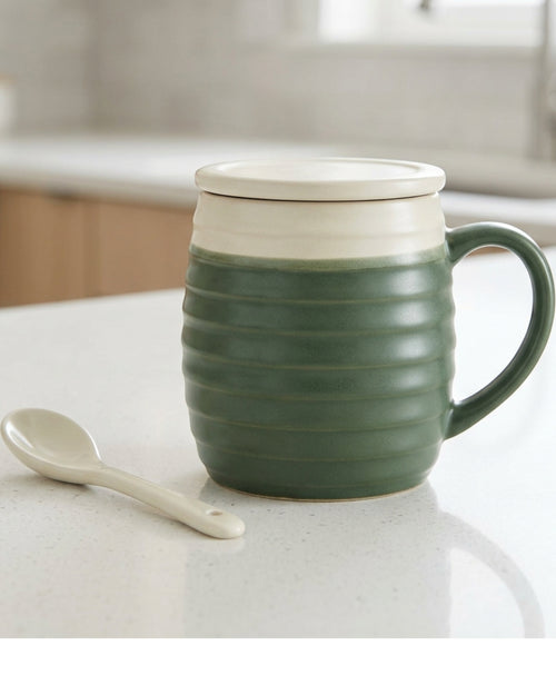 Wfkng Horizontal Rib Lidded Ceramic Coffee Mug 13 oz Forest Cream - Lifestyle view