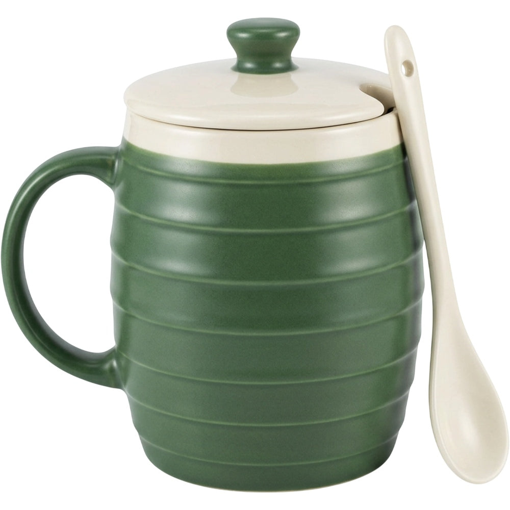 Wfkng Horizontal Rib Lidded Ceramic Coffee Mug 13 oz Forest Cream - Product view