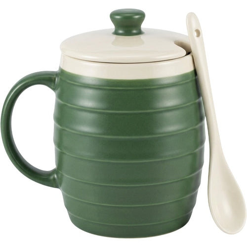 Wfkng Horizontal Rib Lidded Ceramic Coffee Mug 13 oz Forest Cream - Product view